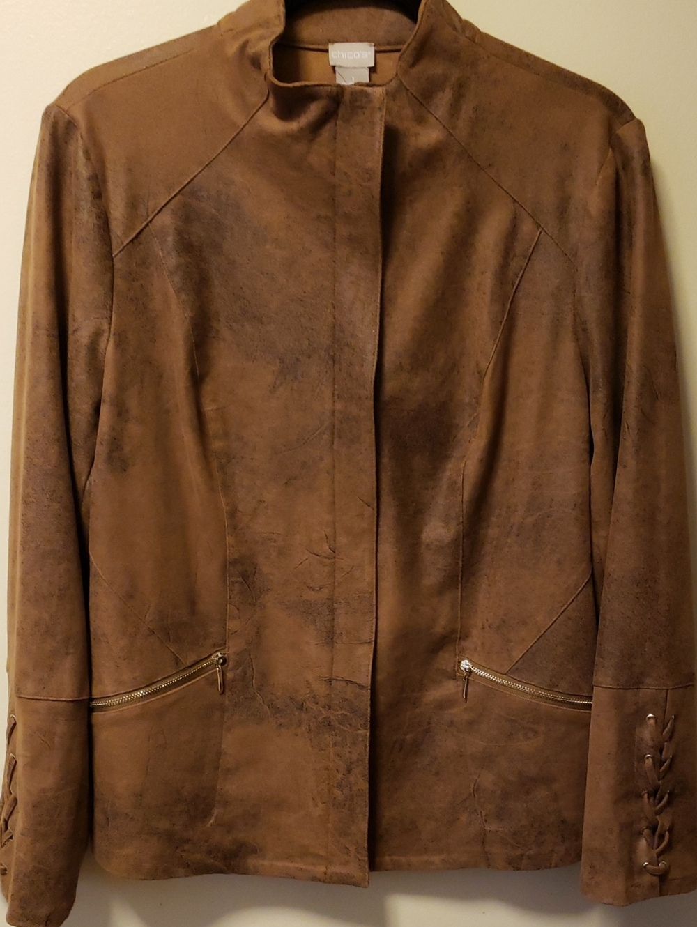 Chico's Women's Rustic Brown Faux-Suede Leather Moto Jacket